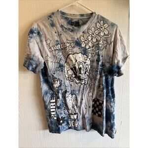 A-Lab Tie Dye T-shirt Never Grow Up Skull Flowers Blue Size Medium M
